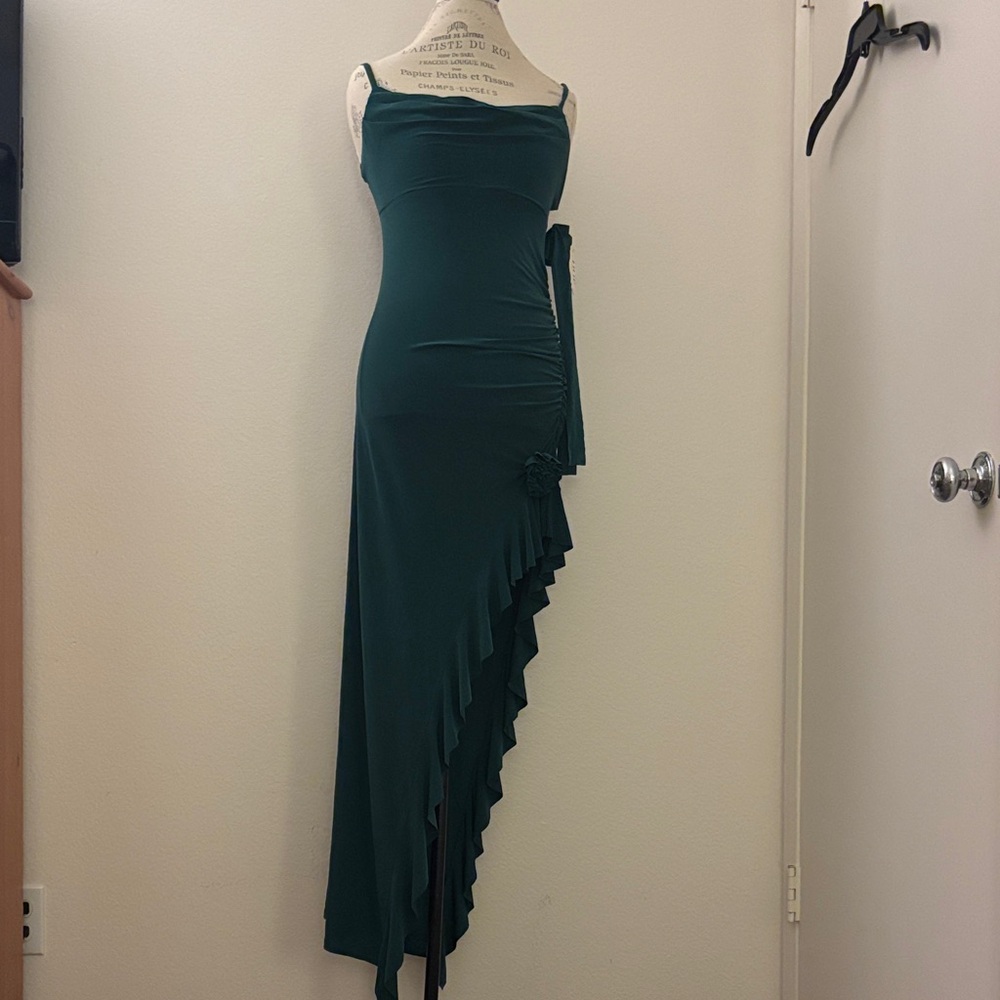 AUW Dark Emerald Green Asymmetrical Ruffle Slip Dress